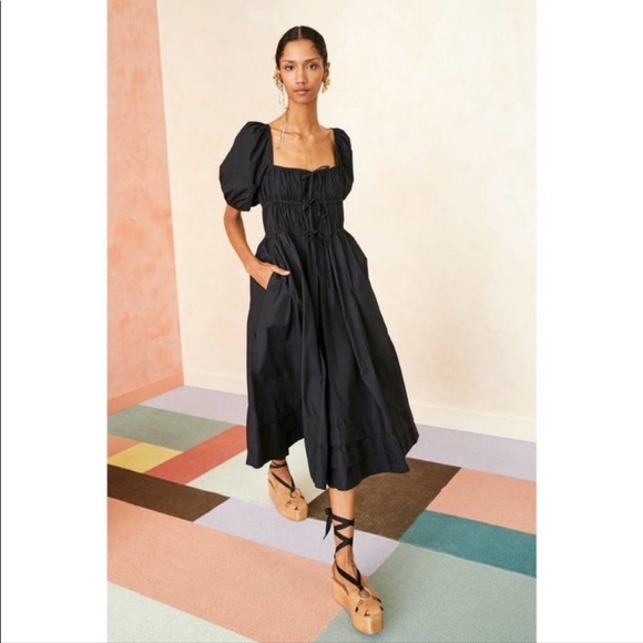 ULLA JOHNSON “Palma” Puff Sleeve Tie-back MIDI Dress in Noir, size 6.